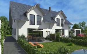 3D Doppelhaus Gartenansicht