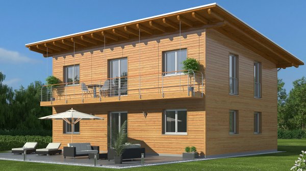 3D Visualisierung Einfamilienhaus Pultdach Holz